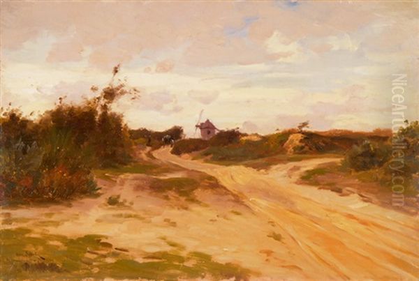 Dunenlandschaft Mit Windmuhle Und Fuhrwerk Oil Painting by Henri Saintin