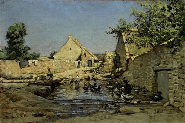 Dorfstrasse Mit Enten Am Gewasser Oil Painting by Henri Saintin