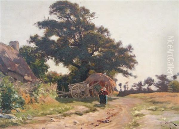 Ferme Avec Charrette Et Deux Personnages Oil Painting by Henri Saintin