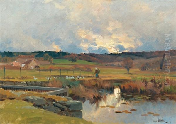 Herbstliche Landschaft Mit Gansen Und Ihrer Magd Oil Painting by Henri Saintin