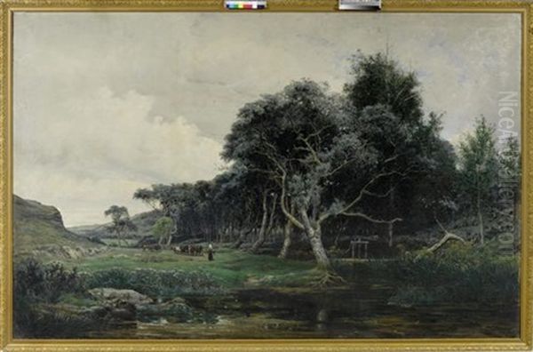 Landschaft Mit Einer Bauerin Am Flussufer Oil Painting by Henri Saintin