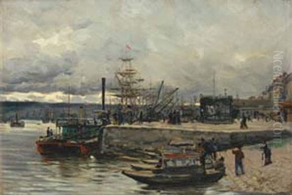 Quai Anime A Rouen Oil Painting by Henri Saintin