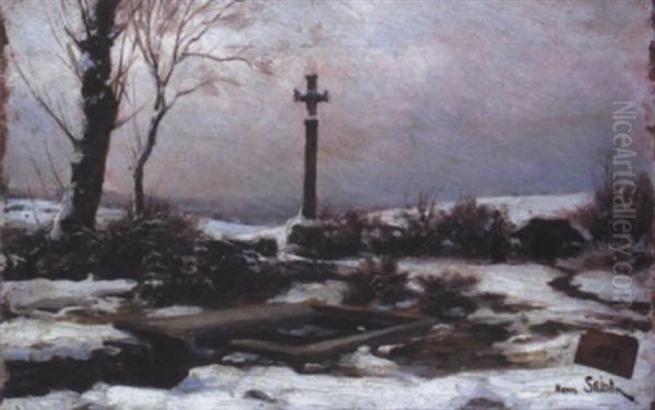 Fontaine Sous La Neige A Magny Lambert Oil Painting by Henri Saintin