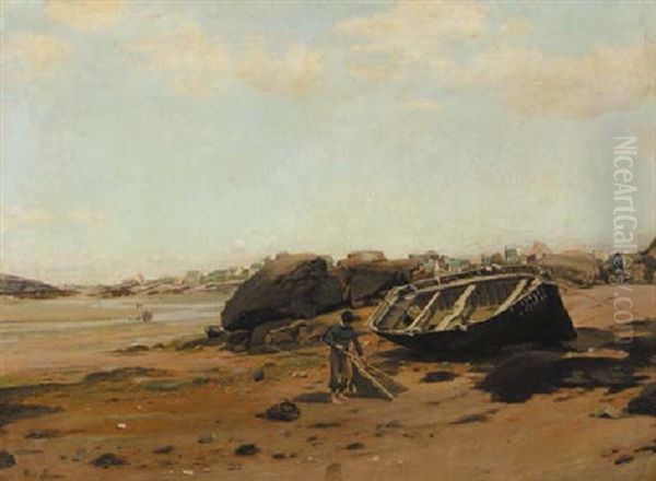 A French Coastal Scene With Fishermen On The Beach Oil Painting by Henri Saintin