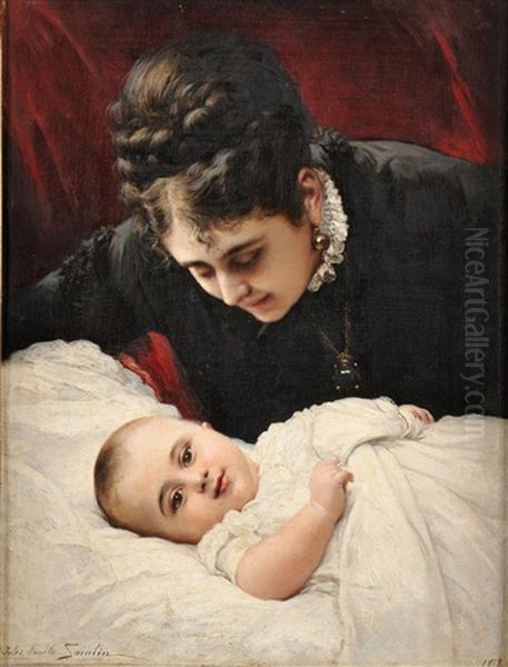 Mere Et Son Enfant Oil Painting by Jules Emile Saintin