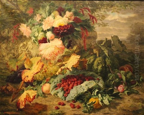 Fruit And Flora With Landscape Oil Painting by Simon Saint-Jean