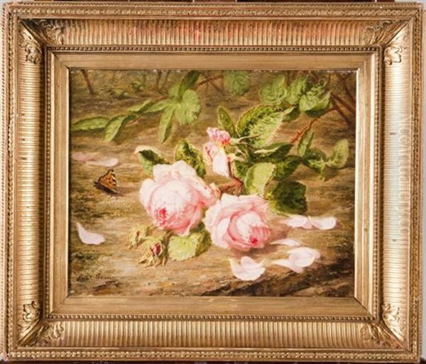 Bouquet De Roses Et Papillons Oil Painting by Simon Saint-Jean