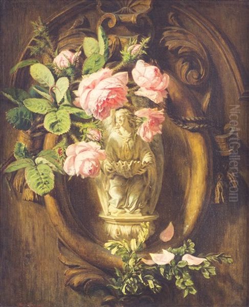 Still Life Of Roses Around A Holy Water Stoop Oil Painting by Simon Saint-Jean