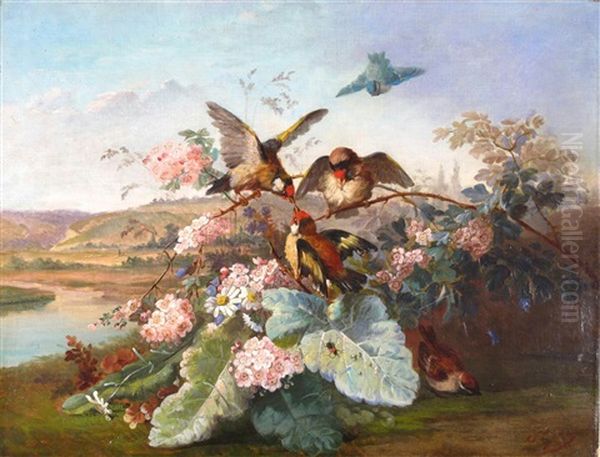 Still Life Of Goldfinches And Blossom On A Riverbank Oil Painting by Simon Saint-Jean