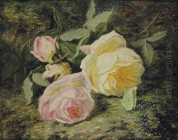 Roses On A Mossy Bank With A Butterfly Oil Painting by Simon Saint-Jean