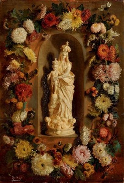 Vierge A L'enfant Dans Une Niche Bordee D'une Guirlande De Fleurs Oil Painting by Simon Saint-Jean