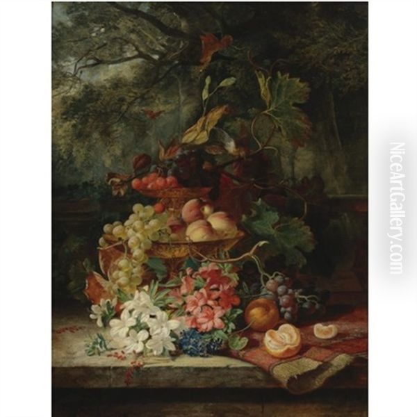 Still Life With Grapes, Cherries, Peaches, And Flowers In A Double-tiered Gilt Dish, A Carpet And An Orange, All Resting On A Ledge With A Balustrade And A Garden Landscape Beyond Oil Painting by Simon Saint-Jean