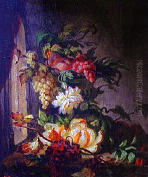 Raisins Et Pommes Dans Une Vasque De Pierre Dans Une Salle Gothique Oil Painting by Simon Saint-Jean