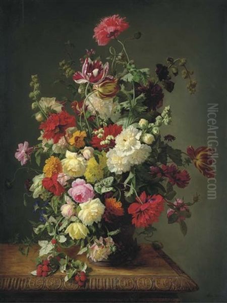 A Still Life Of Roses, Tulips, Peonies, Carnations, Hollyhocks, Morning Glories, Dahlias And Raspberries In An Urn On A Carved Wooden Table Oil Painting by Simon Saint-Jean