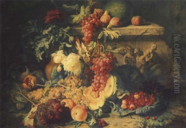 Fruits Sur Une Terrasse Avec Un Bas-relief Representant Silene Oil Painting by Simon Saint-Jean