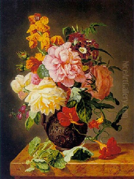 Vase Of Flowers On A Marble Table Oil Painting by Simon Saint-Jean