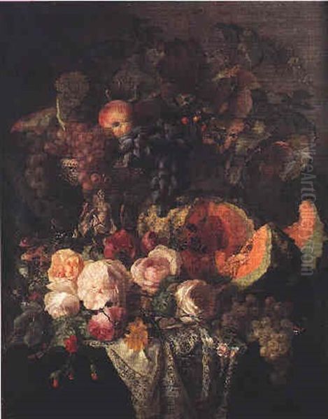 Nature Morte A La Coupe De Fruits, Melon Et Roses Sur Un Entablement Oil Painting by Simon Saint-Jean