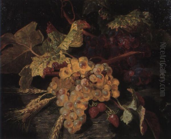 Still Life Of Grapes, Strawberries And Ears Of Wheat Oil Painting by Simon Saint-Jean