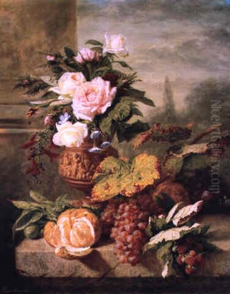 Bouquet De Fleurs Dans Un Vase Et Fruits Sur Un Entablement Oil Painting by Simon Saint-Jean