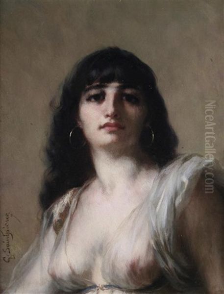 A Raven-haired Beauty (+ An Auburn Beauty; Pair) Oil Painting by Gaston Casimir Saint-Pierre