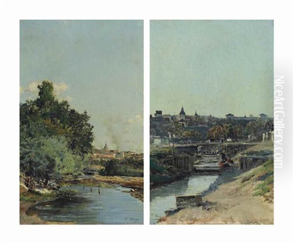 Madrid From The Riverbanks Of The Manzanares (pair) Oil Painting by Casimiro Sainz