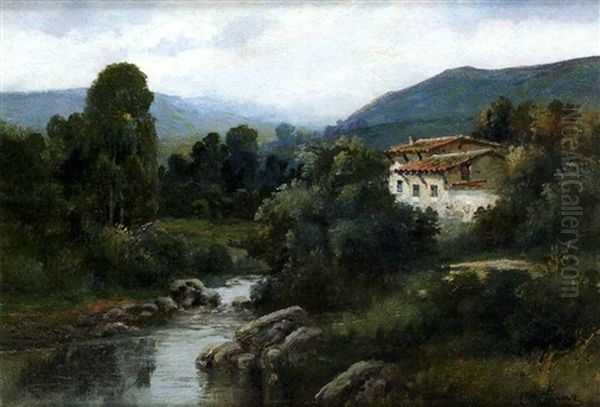 Paisaje Con Rio Y Casa Oil Painting by Casimiro Sainz