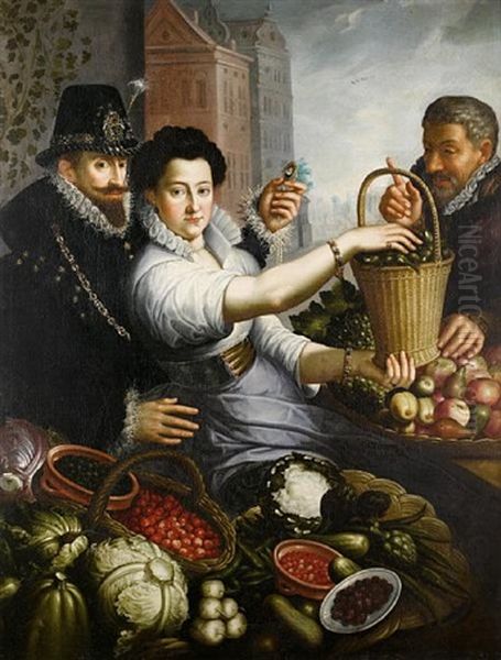 A Fruit And Vegetable Market Scene With An Elegant Nobleman Embracing A Stall-holder With Another Elegant Customer Oil Painting by Jean-Baptiste de Saive the Younger