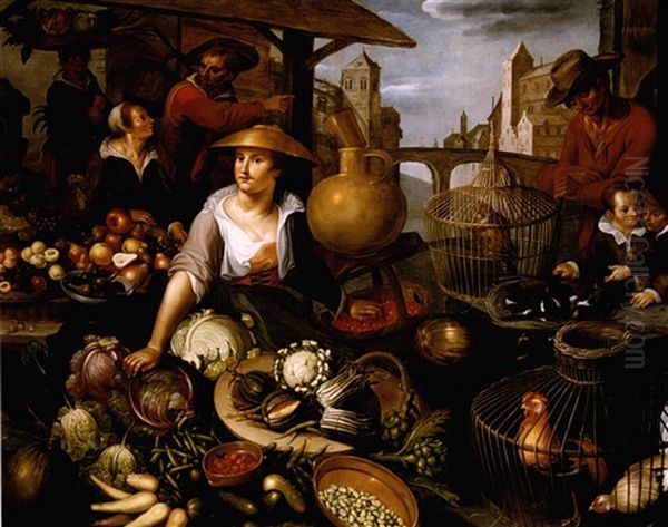 A Market Stall With A Still Life Of Vegetables, Fruit And Birds Oil Painting by Jean-Baptiste de Saive the Younger