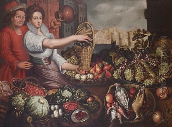 A Fruit And Vegetable Seller And Her Suitor Beside Her Stall With A Townscape Beyond Oil Painting by Jean-Baptist de Saive