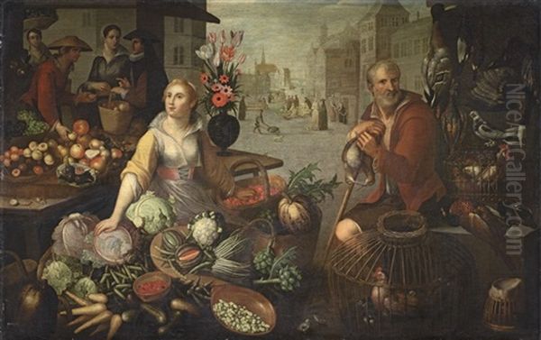 A Town Market, With Fruit, Vegetable And Poultry Stalls (collab. W/jean-baptiste De Saive Ii) Oil Painting by Jean-Baptist de Saive