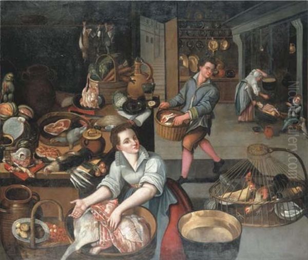 A Kitchen Interior Oil Painting by Jean-Baptist de Saive