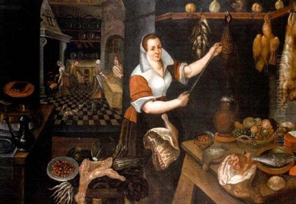 A Kitchen Interior With A Young Maid Hanging Various Meats, Figures Preparing Food Beyond Oil Painting by Jean-Baptist de Saive