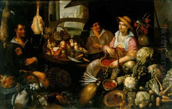 Personnages Conversant Dans Une Echoppe De Gibier, Fruits Et Legumes Oil Painting by Jean-Baptist de Saive