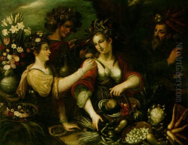 Bacchus, Ceres, Proserpine And Pluto Oil Painting by Jean-Baptist de Saive