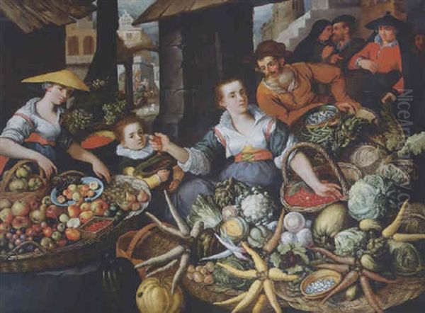 A Fruit And Vegetable Stall In A Town Market Oil Painting by Jean-Baptist de Saive