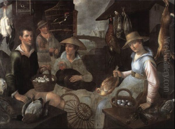 Figures In A Market Stall With Poultry, Game, Eggs And      Caged Birds, A Bridge Over A Canal Beyond by Jean-Baptist de Saive