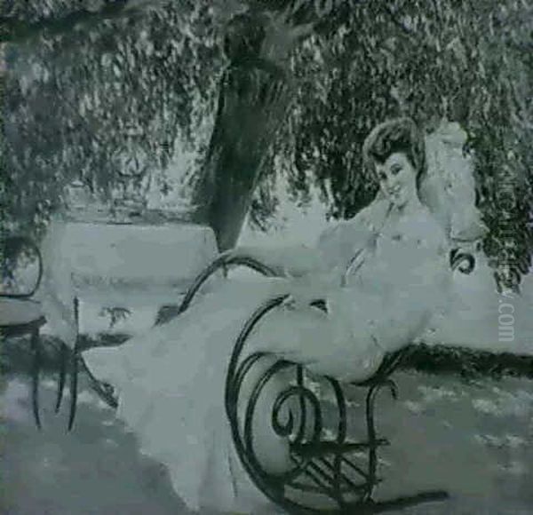 Femme Au Rocking-chair Dans Un Jardin Oil Painting by Juan (Jean) Sala Gabriel