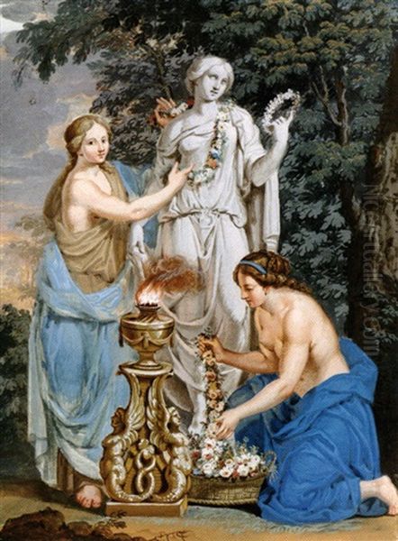 Two Women And Cupid Making A Burnt Offering To A Herm (+ Two Women Ornamenting The Statue Of A Goddess With Garlands; 2 Works) Oil Painting by Giosue Sala