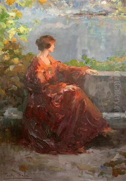 Lady Seated On A Terrace Oil Painting by Paolo Sala