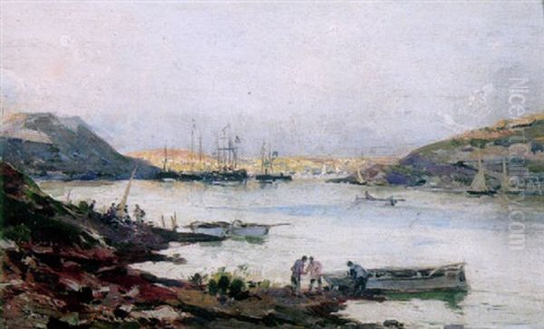 An Estuary Scene With Figures By A Boat In The Foreground And Shipping Beyond Oil Painting by Paolo Sala