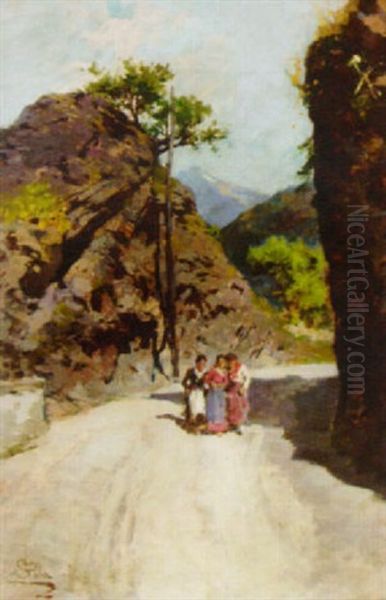 Women On A Mountain Road Oil Painting by Paolo Sala