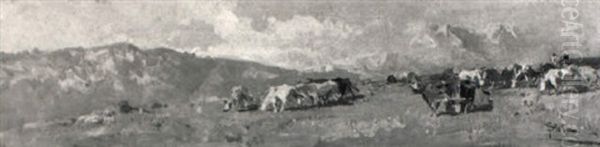 A Mountainous Landscape With Cows In A Meadow Oil Painting by Paolo Sala