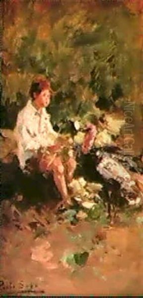 A Young Boy With Turkeys Oil Painting by Paolo Sala