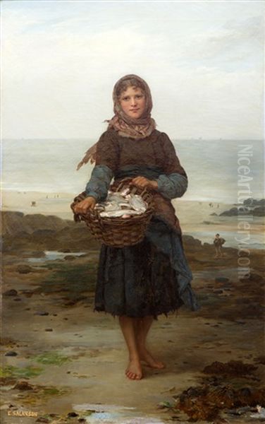 Jong Meisje Met Mand Aan Franse Rotskust Oil Painting by Eugenie Alexandrine Marie Salanson