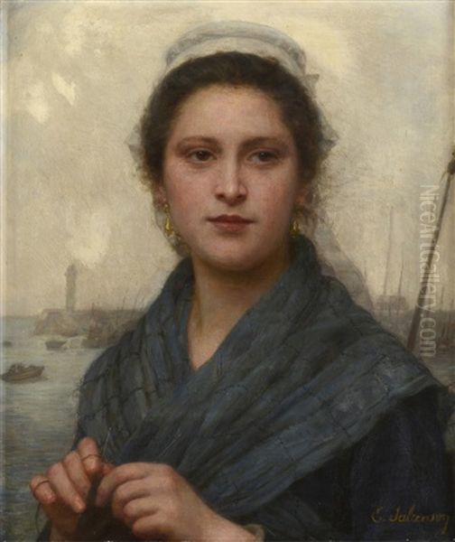 Portrait D'une Femme Devant Un Port Oil Painting by Eugenie Alexandrine Marie Salanson