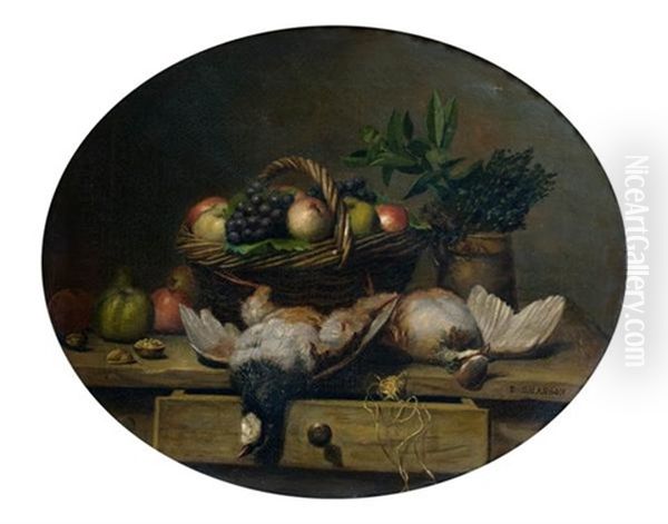 Nature Morte Aux Perdreaux Rouges Et Panier De Fruits Oil Painting by Eugenie Alexandrine Marie Salanson