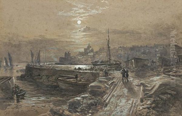 St Monans By Moonlight Oil Painting by Samuel Bough