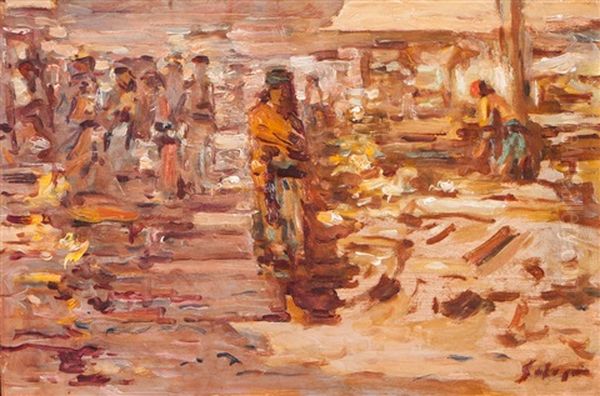 Market With Figures Oil Painting by Abel Salazar