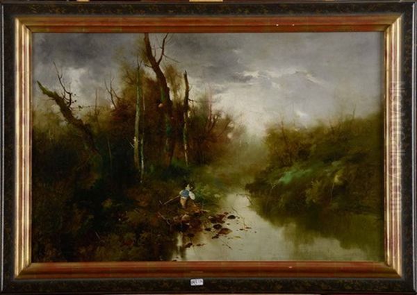 Jeune Pecheur Au Bord De La Riviere Oil Painting by Manuel Salces y Gutierrez