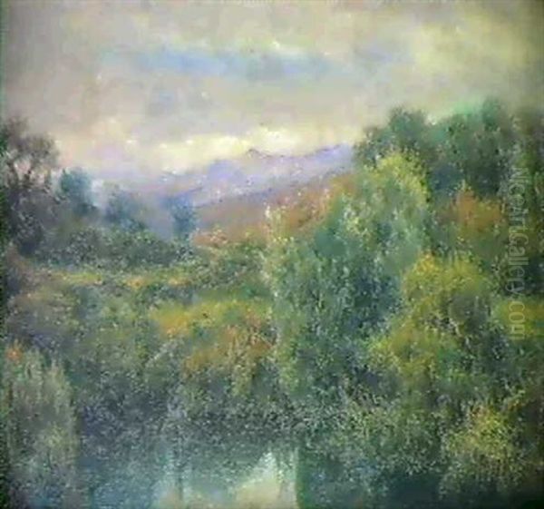 El Reflejo Del Verde Paisaje En Las Aguas Tranquilas Del Rio Oil Painting by Manuel Salces y Gutierrez